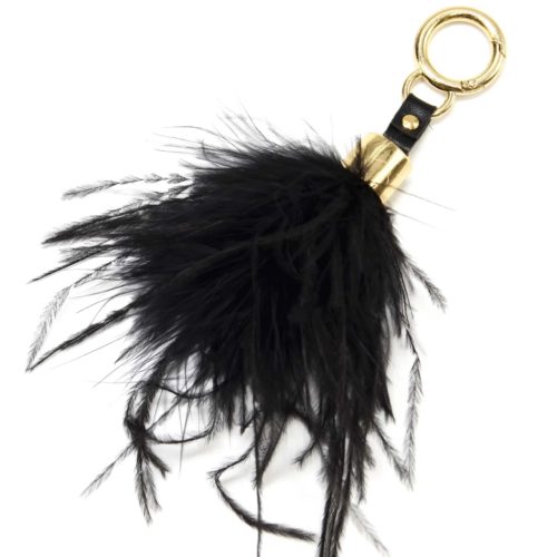 Porte-Cles-Bijou-de-Sac-Pompon-Multi-Fils-Plumes-Noir-avec-Yeux