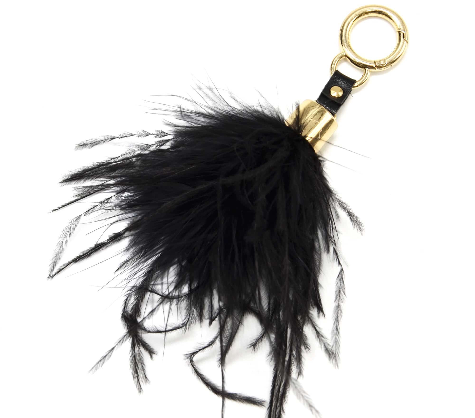 Porte-Cles-Bijou-de-Sac-Pompon-Multi-Fils-Plumes-Noir-avec-Yeux