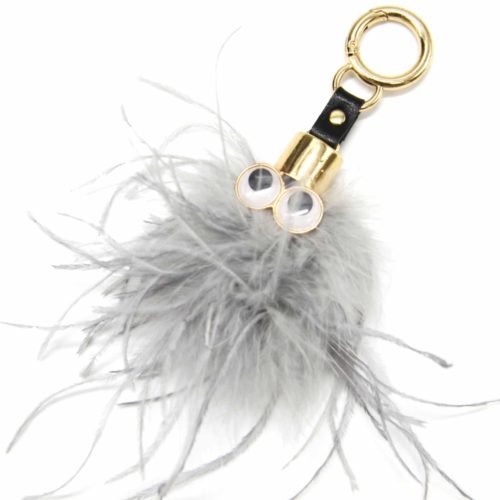 Porte-Cles-Bijou-de-Sac-Pompon-Multi-Fils-Plumes-Gris-avec-Yeux