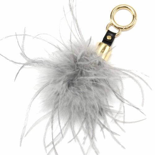 Porte-Cles-Bijou-de-Sac-Pompon-Multi-Fils-Plumes-Gris-avec-Yeux