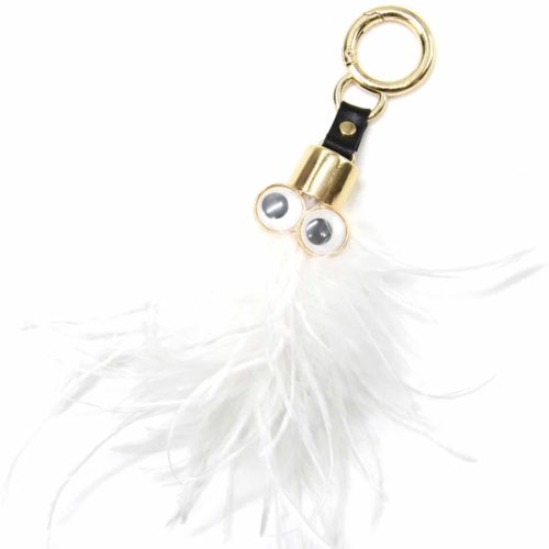 Porte-Cles-Bijou-de-Sac-Pompon-Multi-Fils-Plumes-Blanc-avec-Yeux