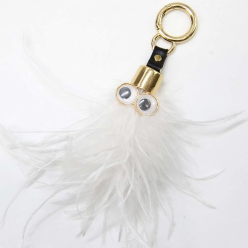 Porte-Cles-Bijou-de-Sac-Pompon-Multi-Fils-Plumes-Blanc-avec-Yeux