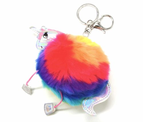 Porte-Cles-Bijou-de-Sac-Licorne-Simili-Cuir-avec-Pompon-Fourrure-Multicolore