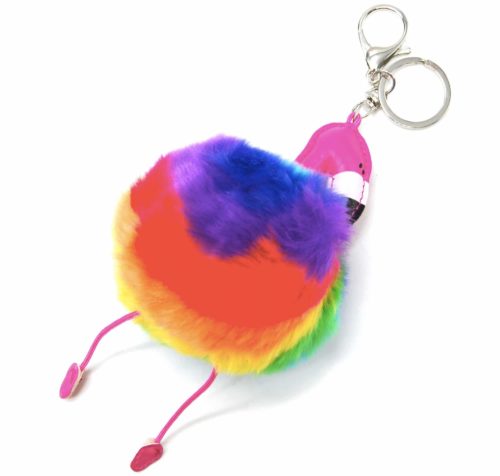 Porte-Cles-Bijou-de-Sac-Flamant-Rose-Simili-Cuir-avec-Pompon-Fourrure-Multicolore