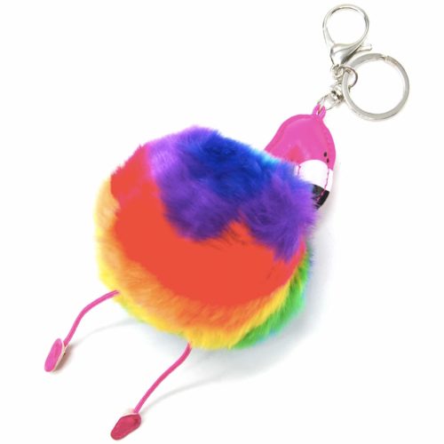 Porte-Cles-Bijou-de-Sac-Flamant-Rose-Simili-Cuir-avec-Pompon-Fourrure-Multicolore