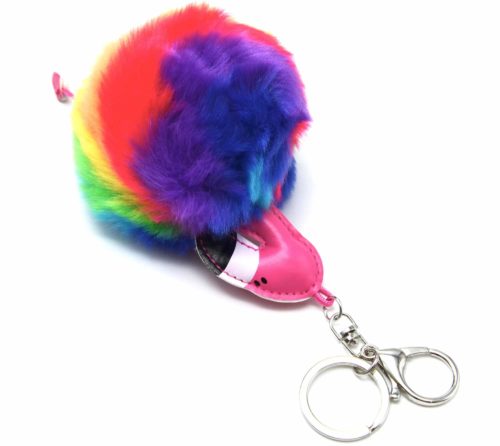 Porte-Cles-Bijou-de-Sac-Flamant-Rose-Simili-Cuir-avec-Pompon-Fourrure-Multicolore