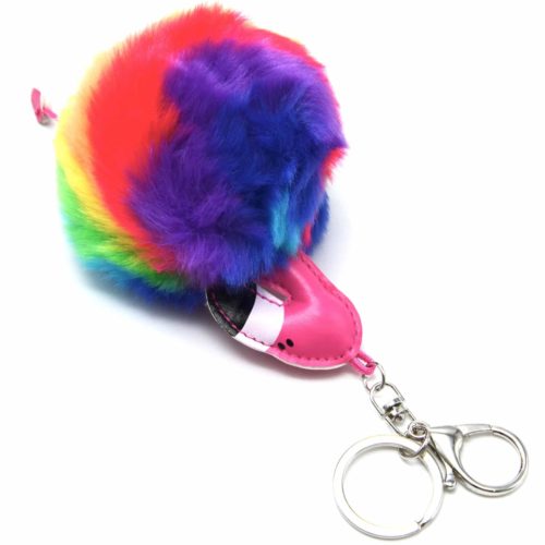 Porte-Cles-Bijou-de-Sac-Flamant-Rose-Simili-Cuir-avec-Pompon-Fourrure-Multicolore