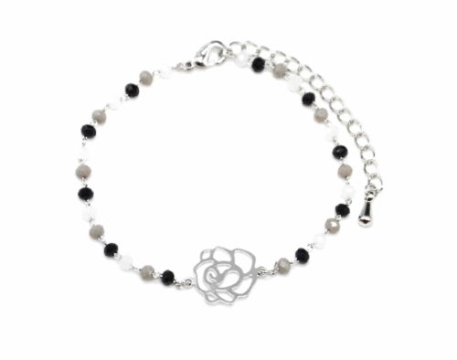 Bracelet-Mini-Perles-Noir-Gris-avec-Charm-Fleur-Ajouree-Metal-Argente