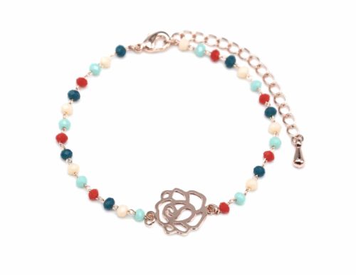 Bracelet-Mini-Perles-Multicolore-avec-Charm-Fleur-Ajouree-Metal-Or-Rose