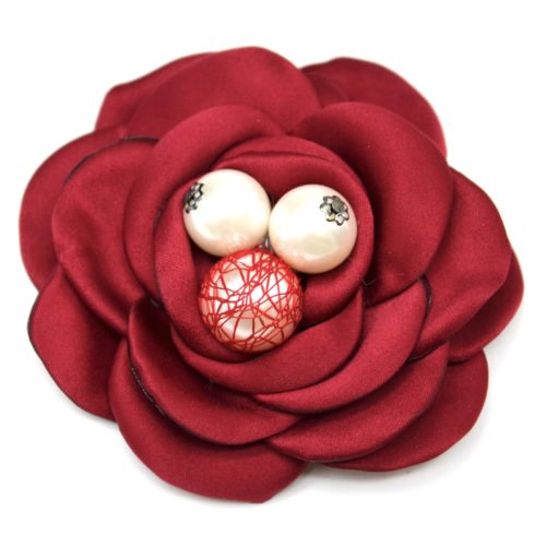 Broche-Epingle-Fleur-XXL-avec-Petales-Tissu-Satine-Bordeaux-et-Perles-Ecru