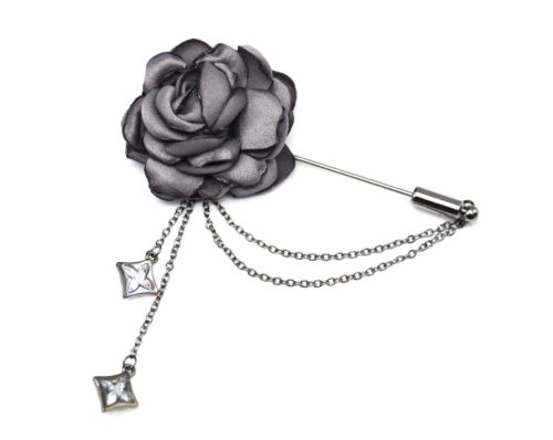 Broche-Epingle-avec-Fleur-Tissu-Gris-Chaines-Metal-Gris-et-Pierres