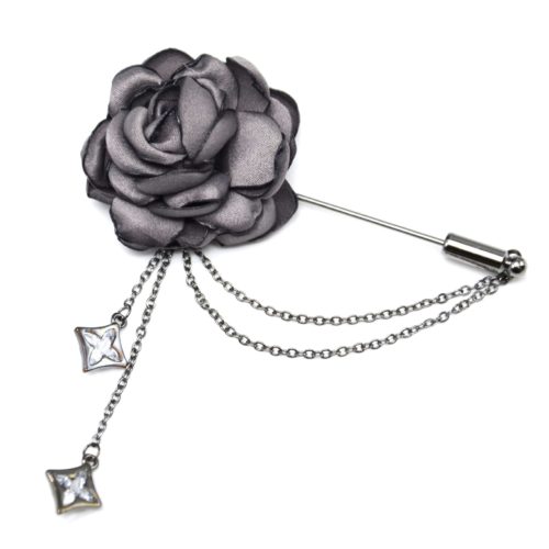 Broche-Epingle-avec-Fleur-Tissu-Gris-Chaines-Metal-Gris-et-Pierres