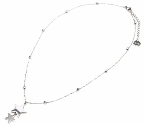 Collier-Chaine-Boules-Pendentif-Double-Etoiles-Nacre-et-Acier-Argente