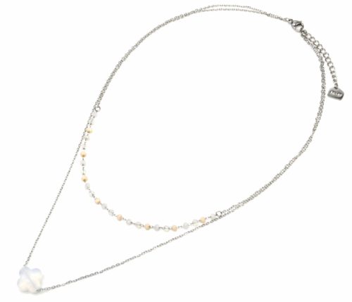 Collier-Double-Chaine-Acier-Argente-avec-Perles-et-Pendentif-Trefle-Blanc