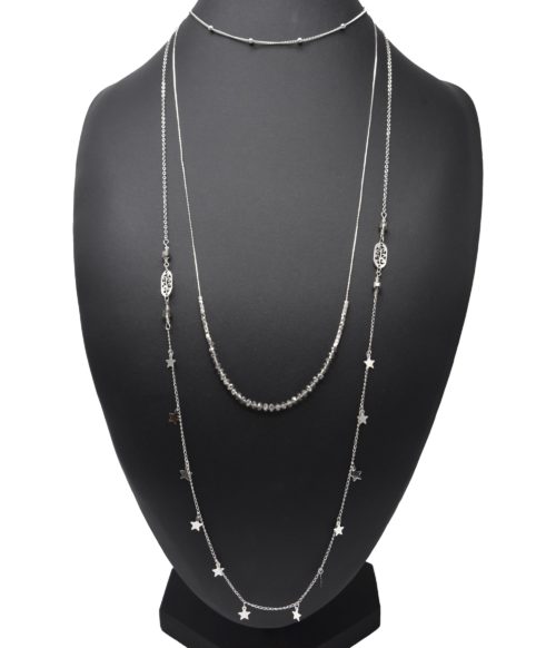 Collier-Multi-Rangs-avec-Boules-Perles-Grises-et-Etoiles-Metal-Argente