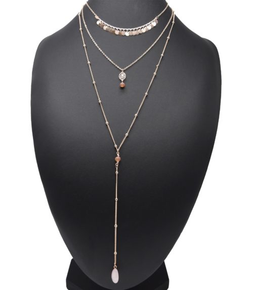 Collier-Multi-Rangs-avec-Pampilles-Goutte-Pierre-Rose-et-Boules-Metal-Or-Rose