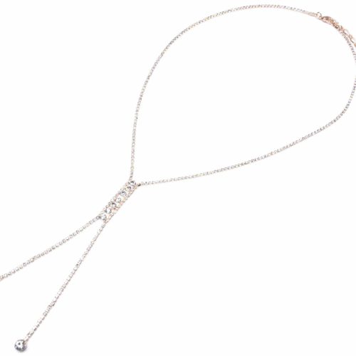 Collier-Fine-Rangee-Strass-Or-Rose-et-Pendentif-Y-Multi-Pierres