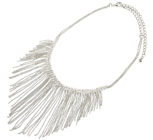 Collier-Plastron-Fine-Rangee-Strass-et-Multi-Chaines-Pendantes-Metal-Argente