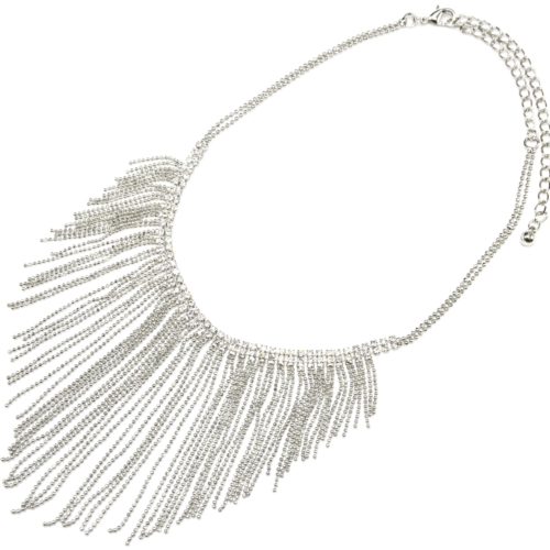 Collier-Plastron-Fine-Rangee-Strass-et-Multi-Chaines-Pendantes-Metal-Argente