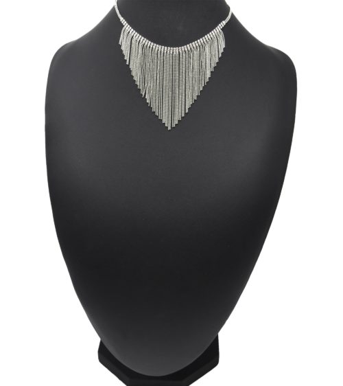 Collier-Plastron-Fine-Rangee-Strass-et-Multi-Chaines-Pendantes-Metal-Argente