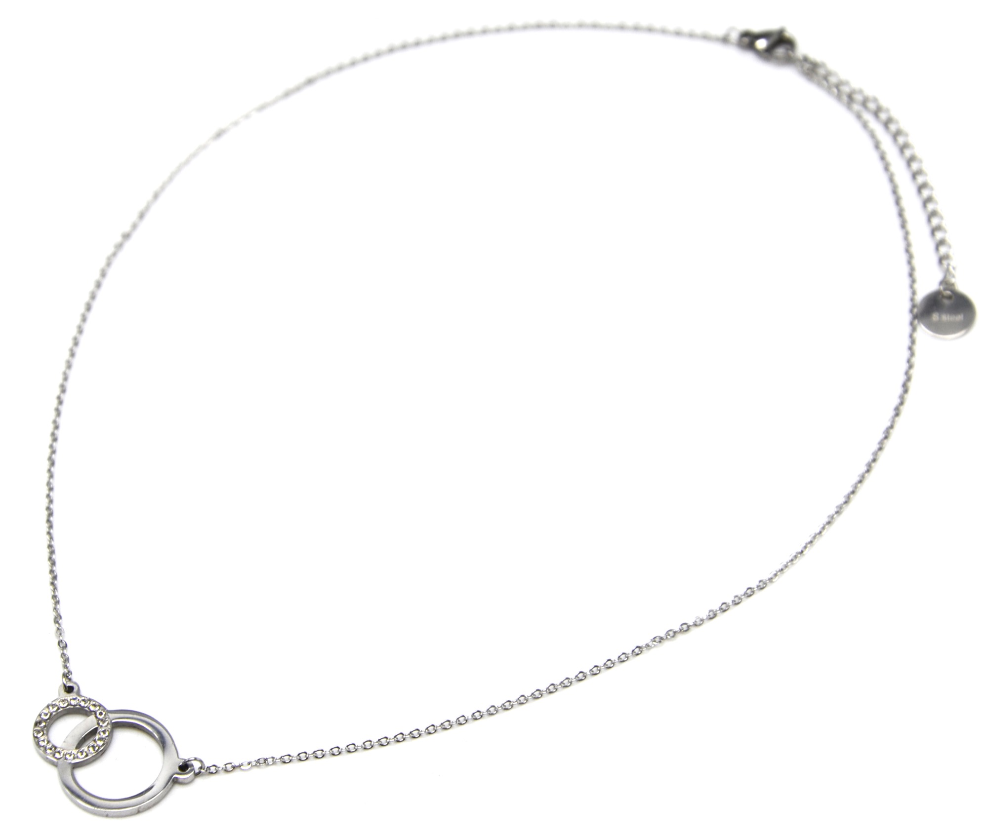 Collier-Fine-Chaine-avec-Pendentif-Cercles-Entrelaces-Strass-et-Acier-Argente