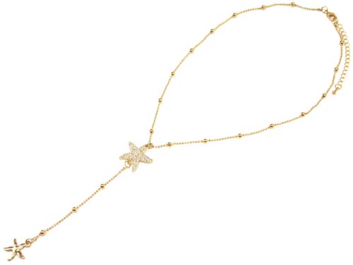 Collier-Fine-Chaine-avec-Boules-et-Pendentif-Y-Etoiles-de-Mer-Strass-Metal-Dore