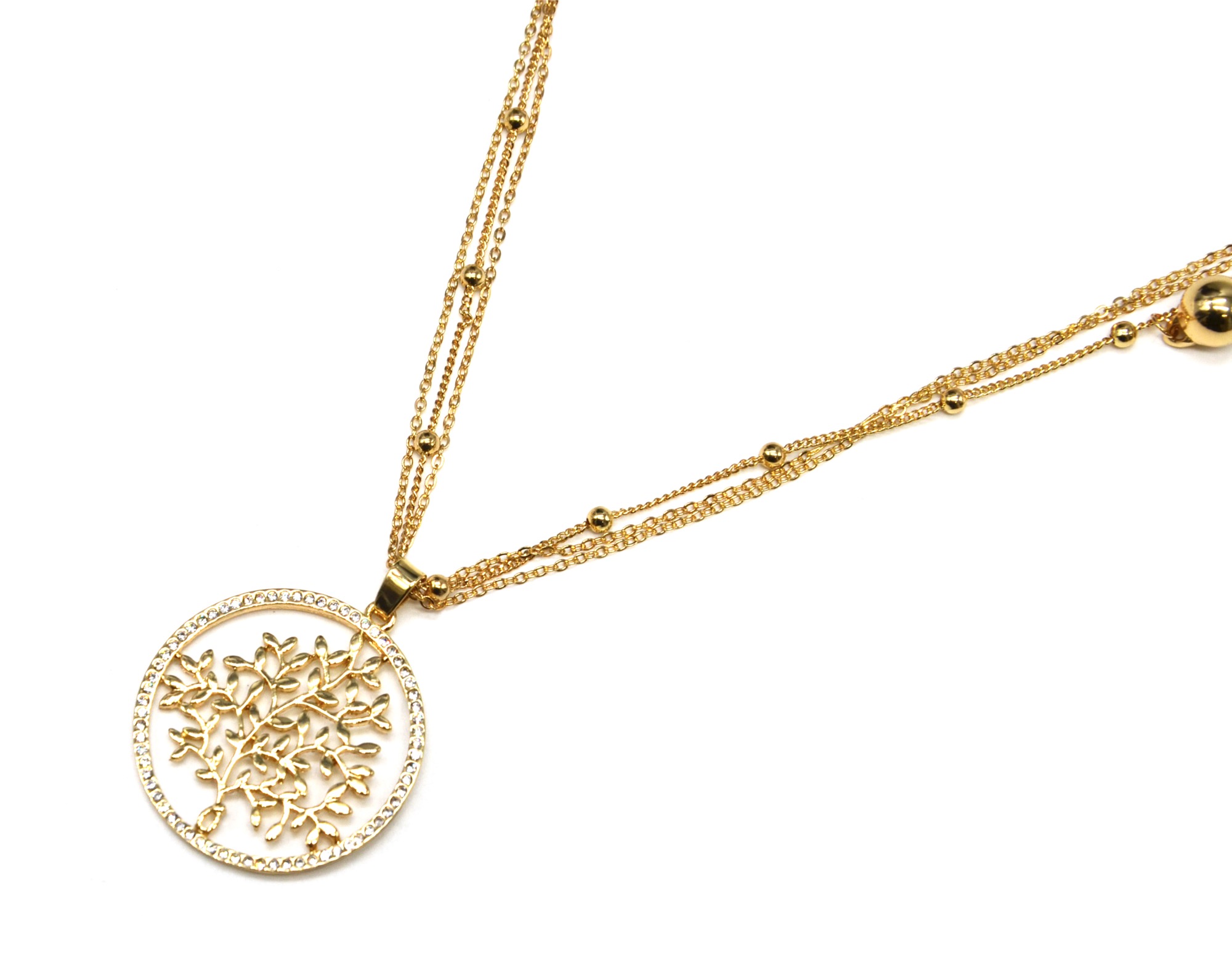 CL1820E Sautoir Collier Multi-Chaînes Boules et Pendentif Arbre de Vie Méta... 