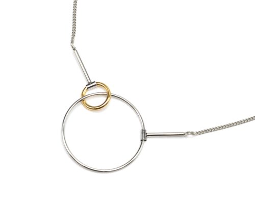 Sautoir-Collier-Fine-Chaine-avec-Pendentif-Cercles-Entrrelaces-Metal-ArgenteDore