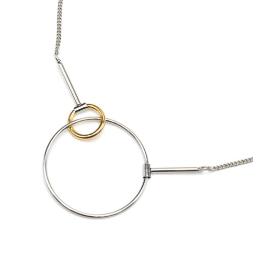 Sautoir-Collier-Fine-Chaine-avec-Pendentif-Cercles-Entrrelaces-Metal-ArgenteDore