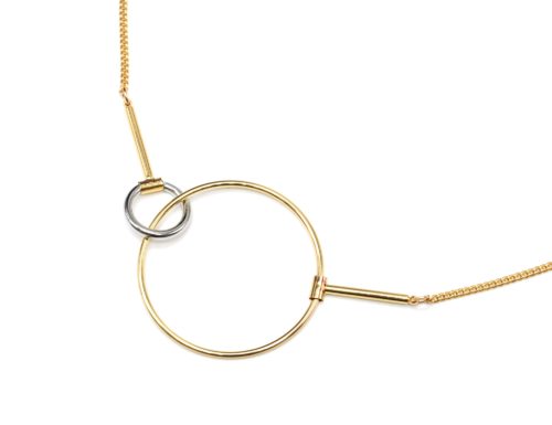 Sautoir-Collier-Fine-Chaine-avec-Pendentif-Cercles-Entrrelaces-Metal-DoreArgente