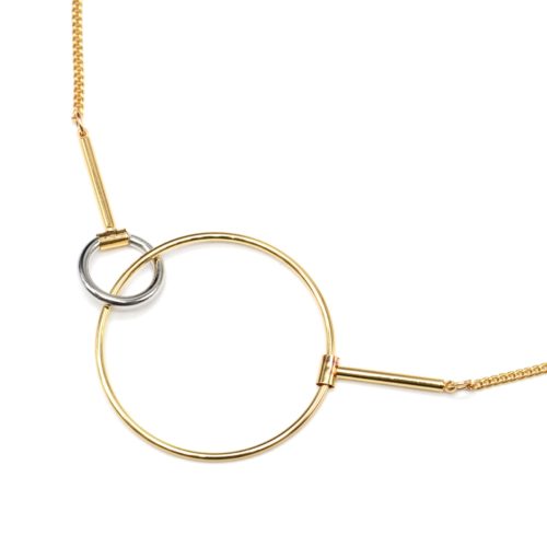 Sautoir-Collier-Fine-Chaine-avec-Pendentif-Cercles-Entrrelaces-Metal-DoreArgente