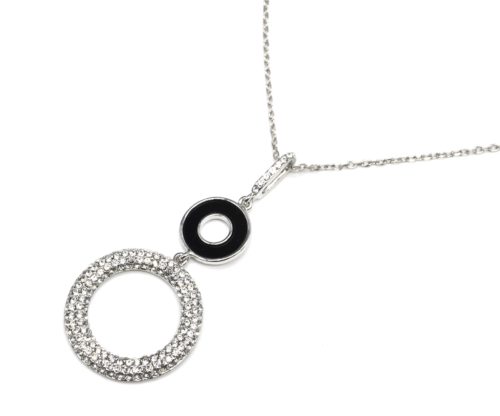 Sautoir-Collier-avec-Pendentif-Double-Cercles-Noir-et-Strass-Métal-Argente