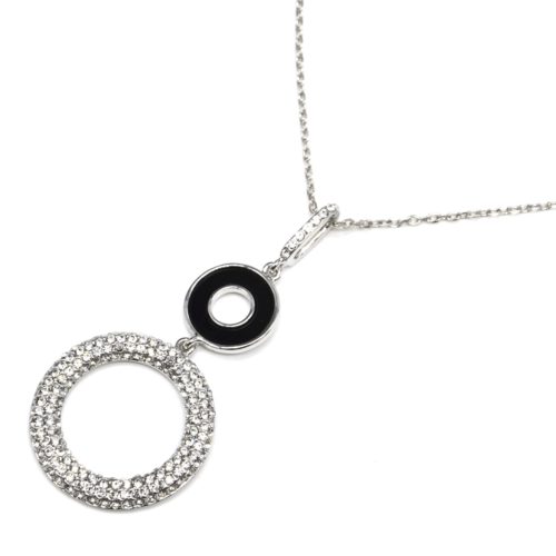 Sautoir-Collier-avec-Pendentif-Double-Cercles-Noir-et-Strass-Métal-Argente