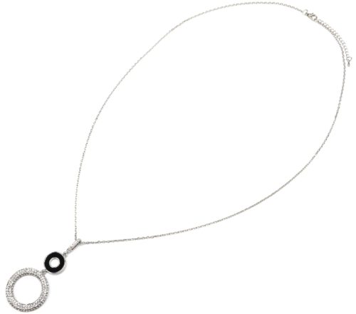 Sautoir-Collier-avec-Pendentif-Double-Cercles-Noir-et-Strass-Métal-Argente