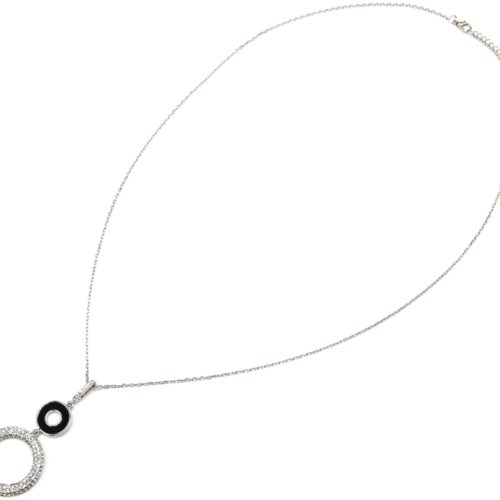 Sautoir-Collier-avec-Pendentif-Double-Cercles-Noir-et-Strass-Métal-Argente