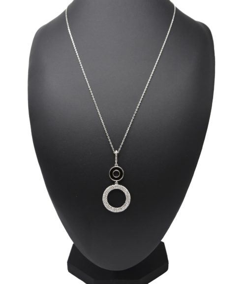 Sautoir-Collier-avec-Pendentif-Double-Cercles-Noir-et-Strass-Métal-Argente