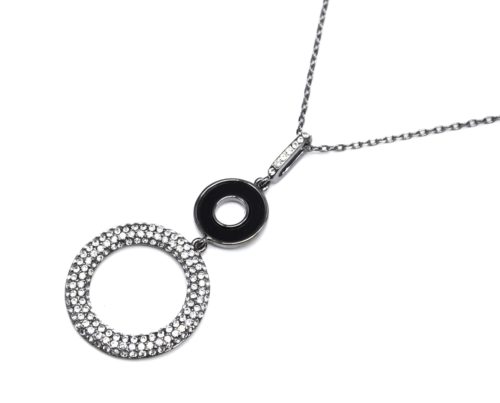 Sautoir-Collier-avec-Pendentif-Double-Cercles-Noir-et-Strass-Métal-Gris