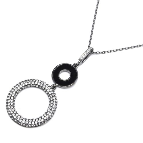 Sautoir-Collier-avec-Pendentif-Double-Cercles-Noir-et-Strass-Métal-Gris