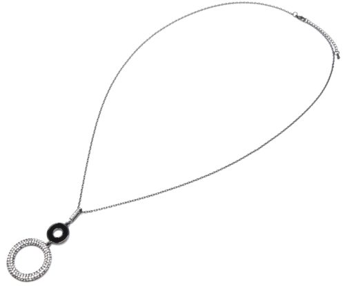 Sautoir-Collier-avec-Pendentif-Double-Cercles-Noir-et-Strass-Métal-Gris