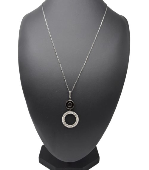 Sautoir-Collier-avec-Pendentif-Double-Cercles-Noir-et-Strass-Métal-Gris