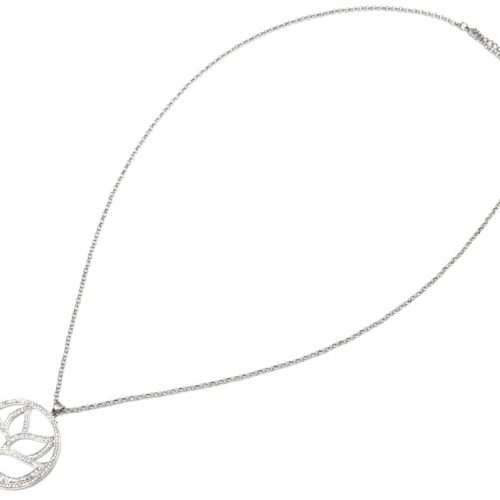 Sautoir-Collier-avec-Pendentif-Cercle-Ajoure-Fleur-Lotus-Strass-et-Métal-Argente