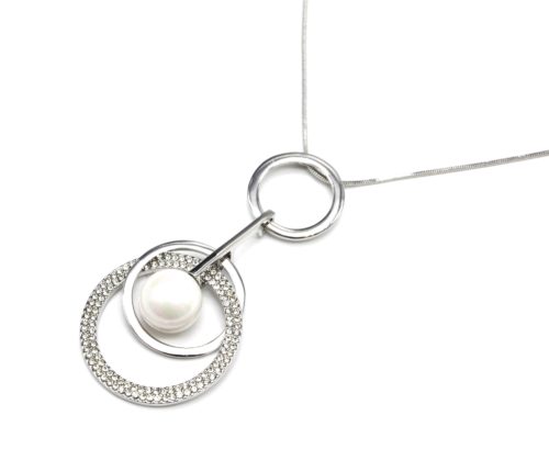 Sautoir-Collier-avec-Pendentif-Multi-Cercles-Strass-Métal-Argente-et-Perle-Blanche