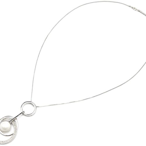 Sautoir-Collier-avec-Pendentif-Multi-Cercles-Strass-Métal-Argente-et-Perle-Blanche