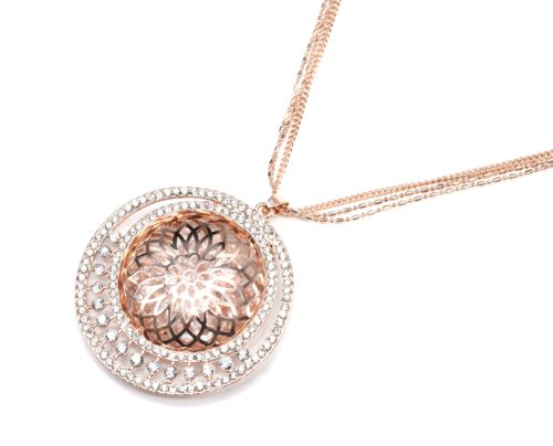 Sautoir-Collier-Pendentif-Cercle-Ajoure-Rosace-Metal-Or-Rose-avec-Cristaux-et-Strass