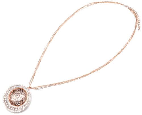 Sautoir-Collier-Pendentif-Cercle-Ajoure-Rosace-Metal-Or-Rose-avec-Cristaux-et-Strass