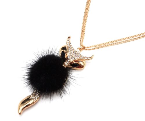 Sautoir-Collier-Pendentif-Renard-Tete-et-Queue-Strass-Dore-avec-Pompon-Fourrure-Noir