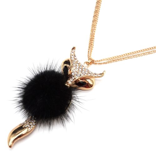 Sautoir-Collier-Pendentif-Renard-Tete-et-Queue-Strass-Dore-avec-Pompon-Fourrure-Noir