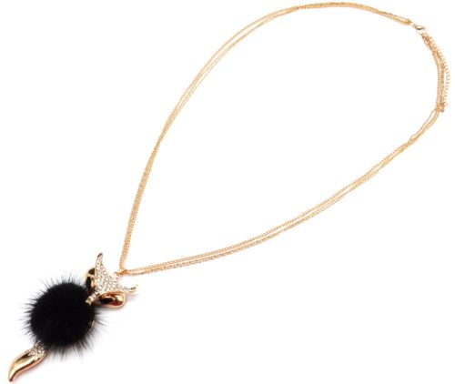 Sautoir-Collier-Pendentif-Renard-Tete-et-Queue-Strass-Dore-avec-Pompon-Fourrure-Noir