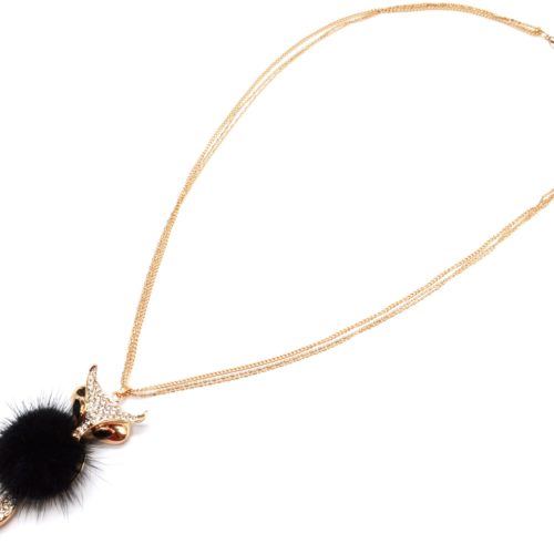 Sautoir-Collier-Pendentif-Renard-Tete-et-Queue-Strass-Dore-avec-Pompon-Fourrure-Noir