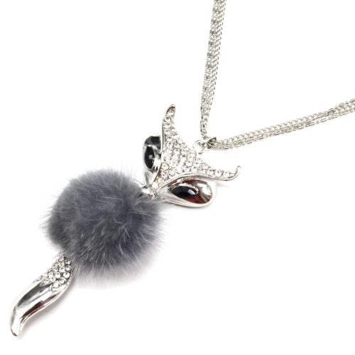 Sautoir-Collier-Pendentif-Renard-Tete-et-Queue-Strass-Argente-avec-Pompon-Fourrure-Gris